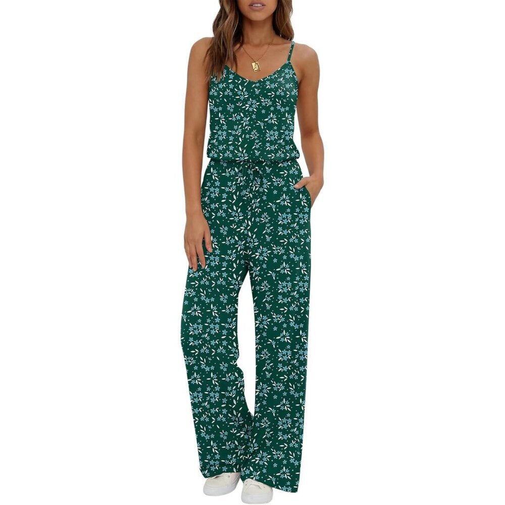 Women's Green Floral Summer Dressy Sleeveless Wide Leg Long Pant Romper Jumpsuit